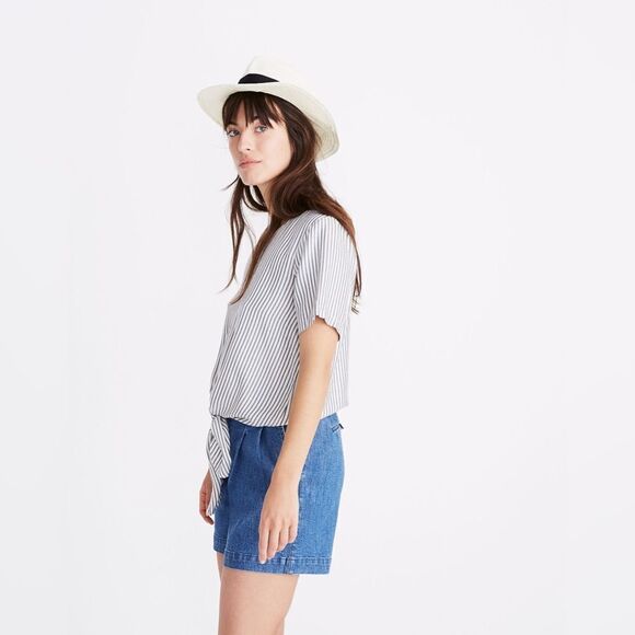 Madewell Novel Tie-Front Top in Stripe Cream Navy Boho Preppy Layering Size XS - Picture 2 of 11
